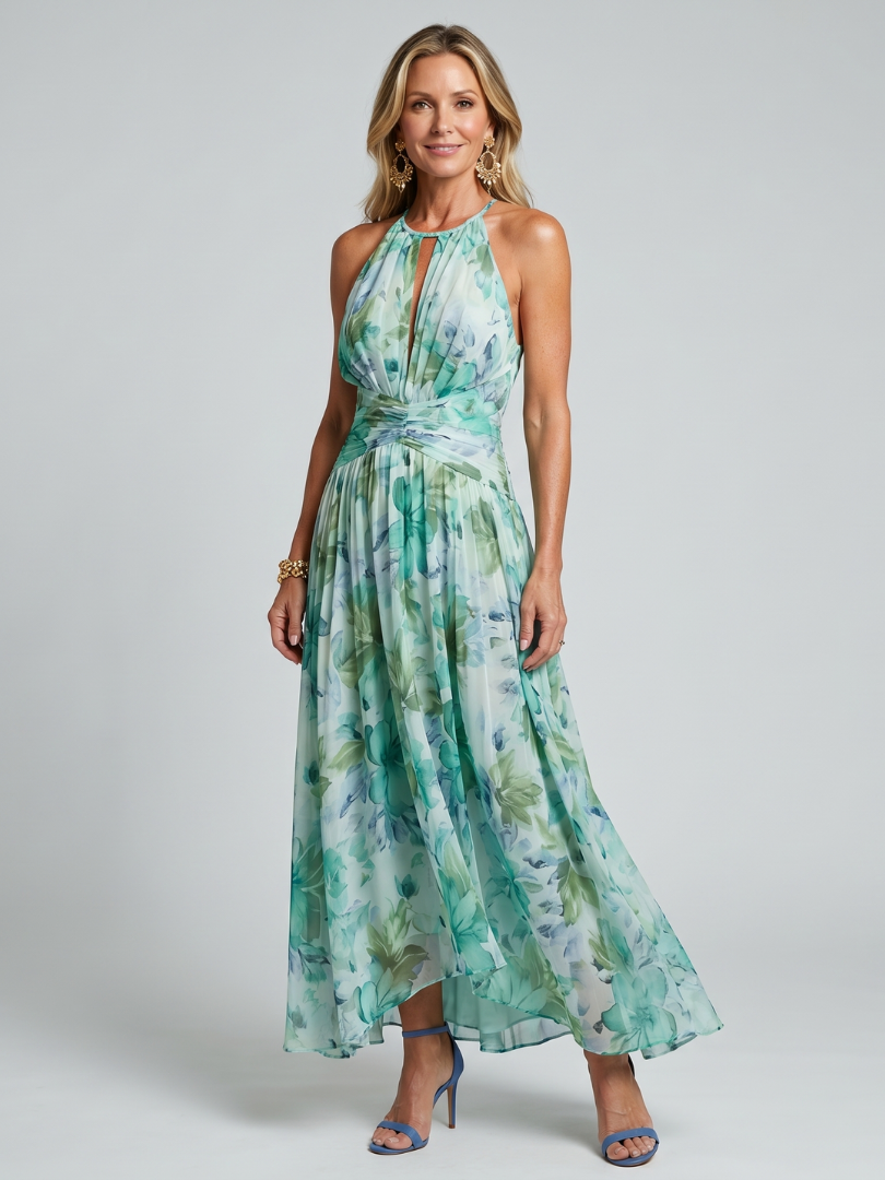 Marija | Robe Midi à Bretelles avec Plis et Motif Floral Doux