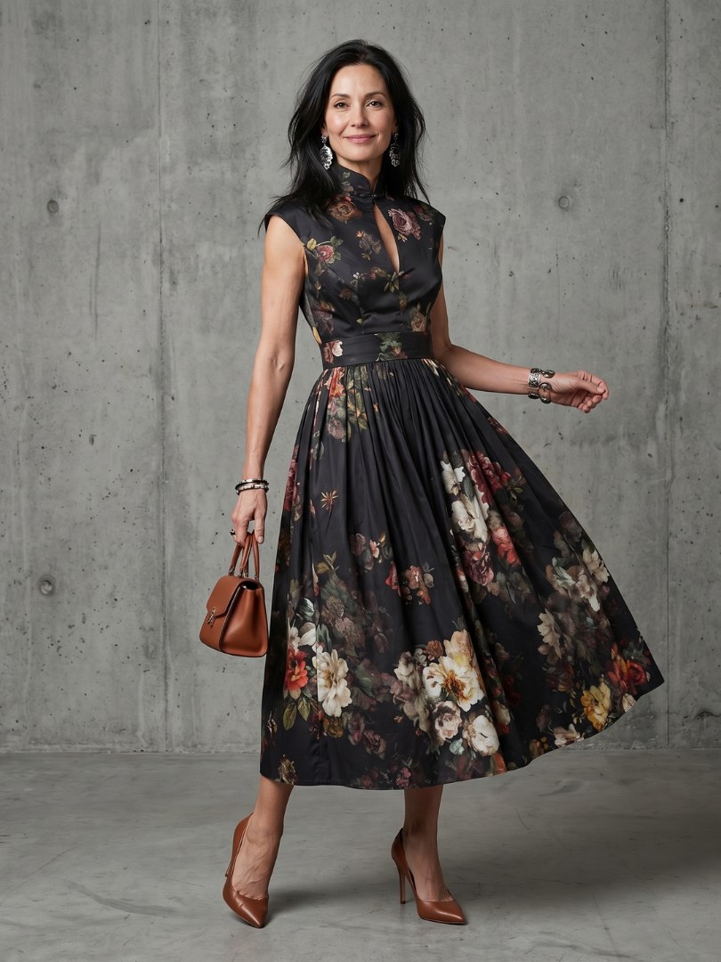 Teodora | Robe midi à motif floral et décolleté plongeant