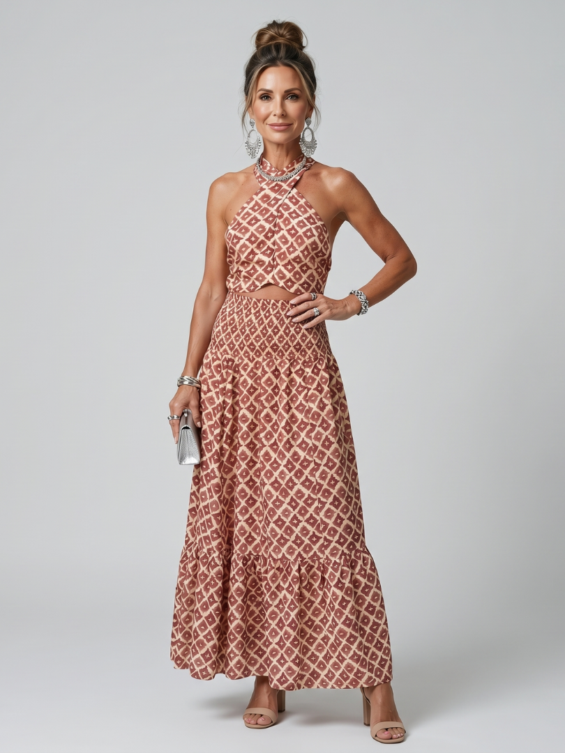 Ivana | Robe Midi à Imprimé Géométrique avec Décolleté Halter