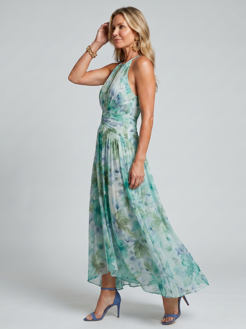 Marija | Robe Midi à Bretelles avec Plis et Motif Floral Doux