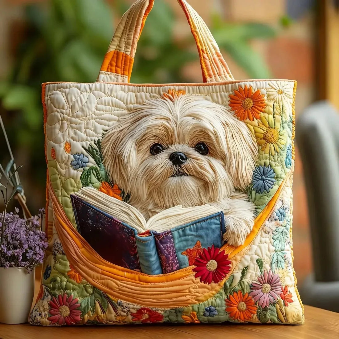 Artisanal Tote - Shih Tzu with Books and Flowers