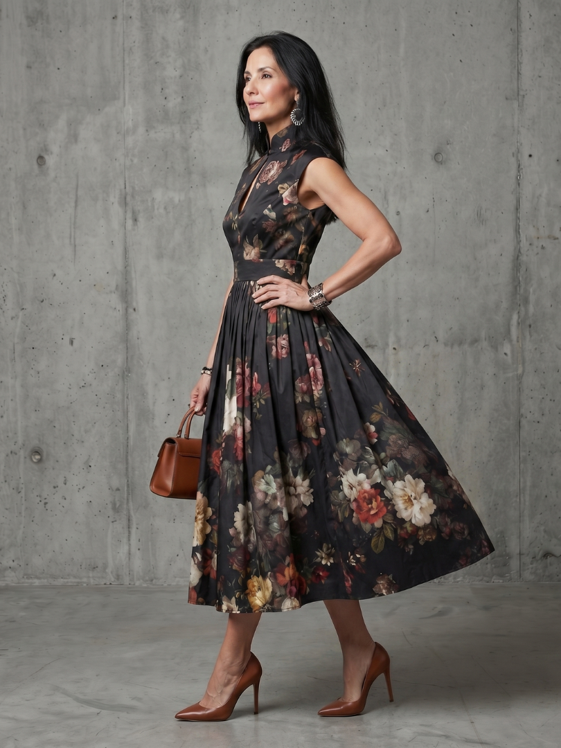 Teodora | Robe midi à motif floral et décolleté plongeant