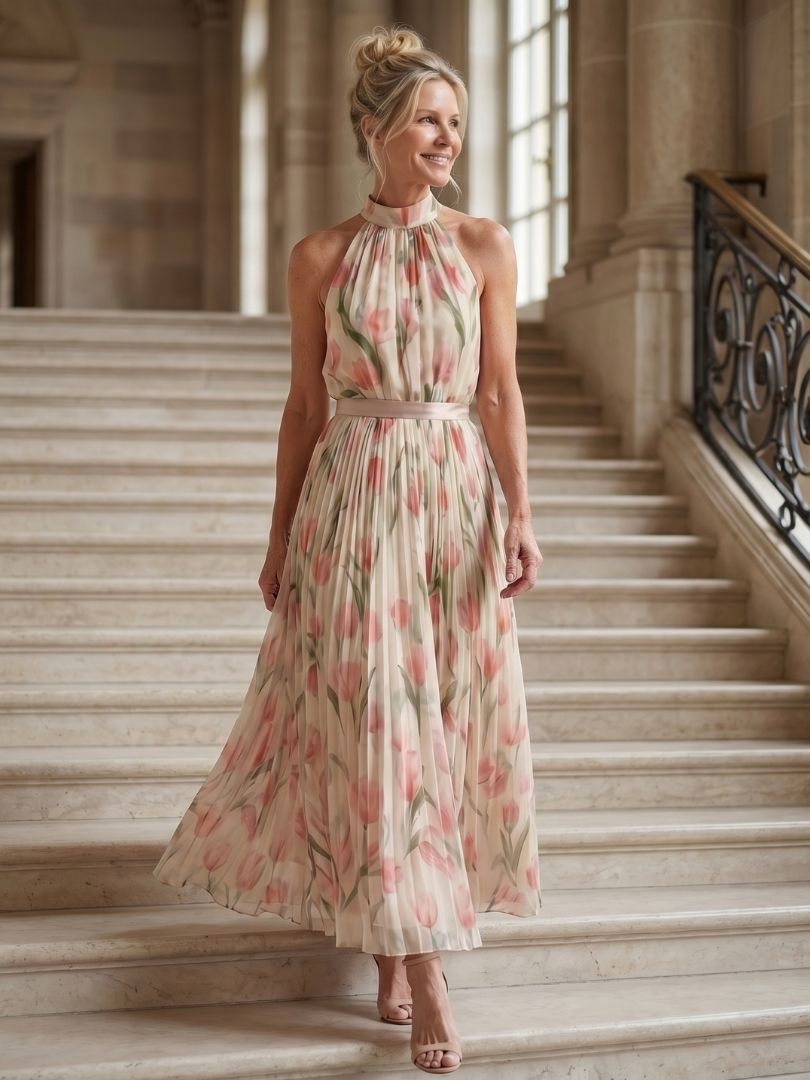 Milica  | Robe midi à fleurs avec col halter
