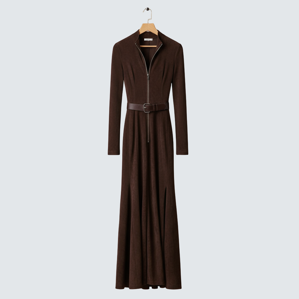 Kateřina | Robe brune Duga avec ceinture et fermeture éclair avant